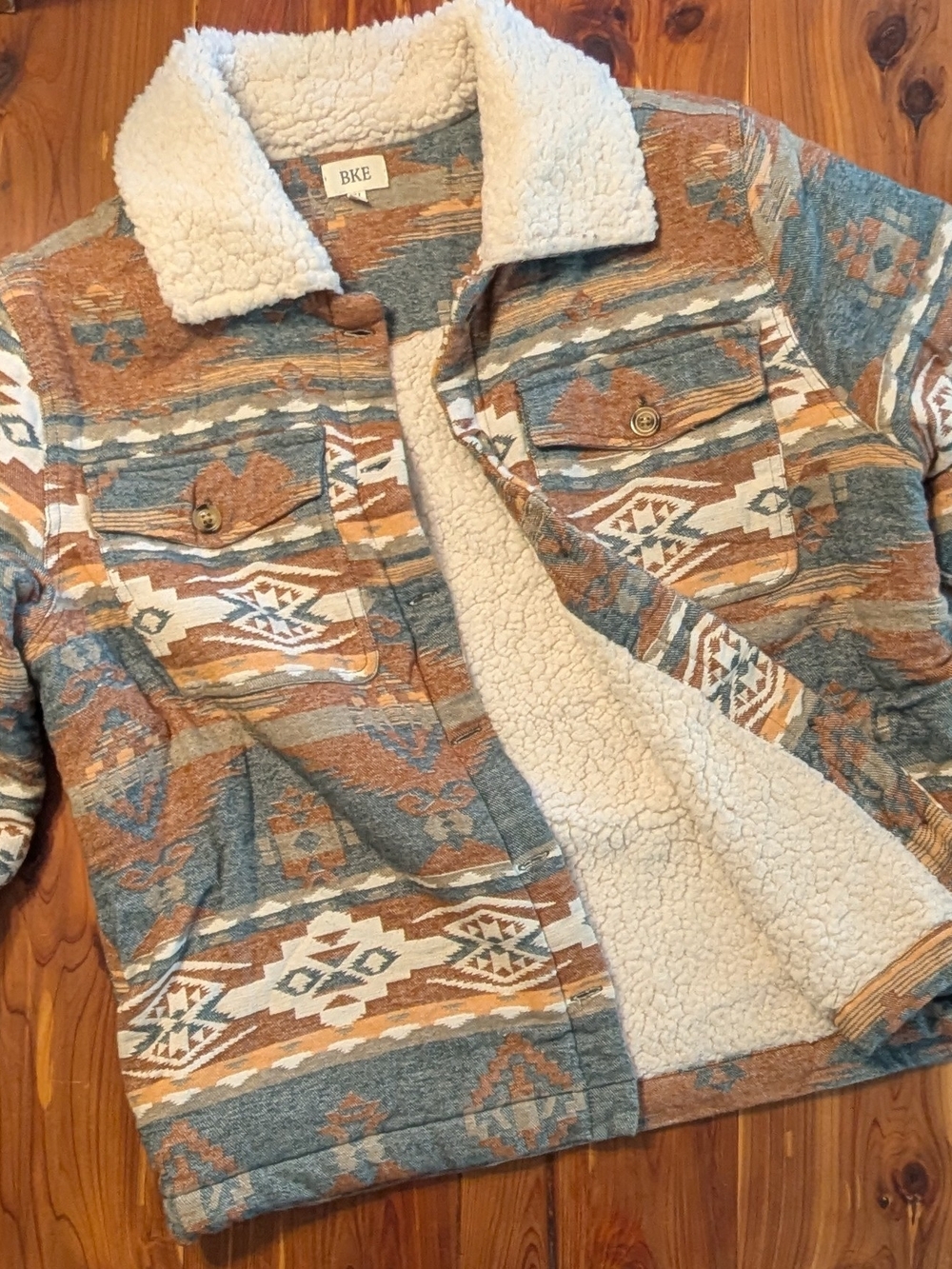 BKE Sherpa-Lined Aztec Print Jacket in Blue & Tan